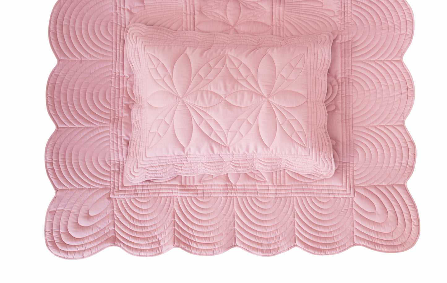 Scallop Edge Single Bedspread Quilt and Pillow Set - Rose