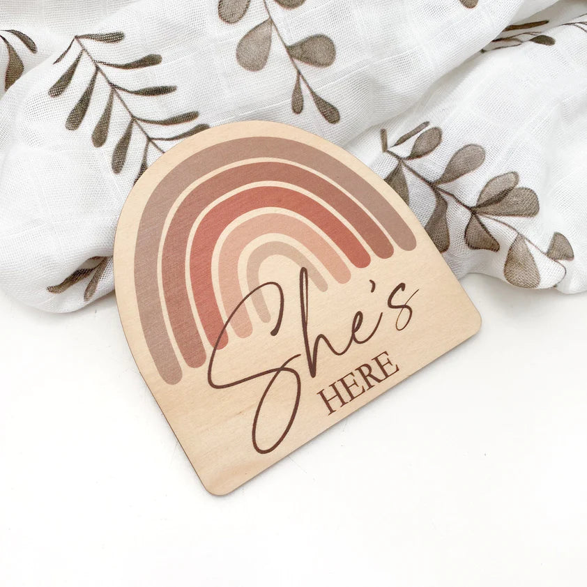 She's Here Baby Milestone Plaque - Rainbow Series