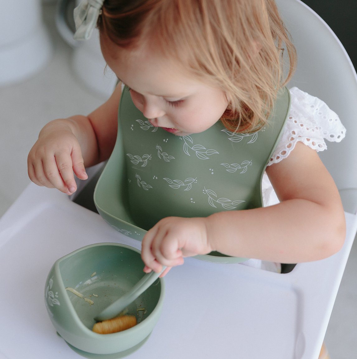 Silicone Scoop Bowl and Spoon Set - Sage Foliage