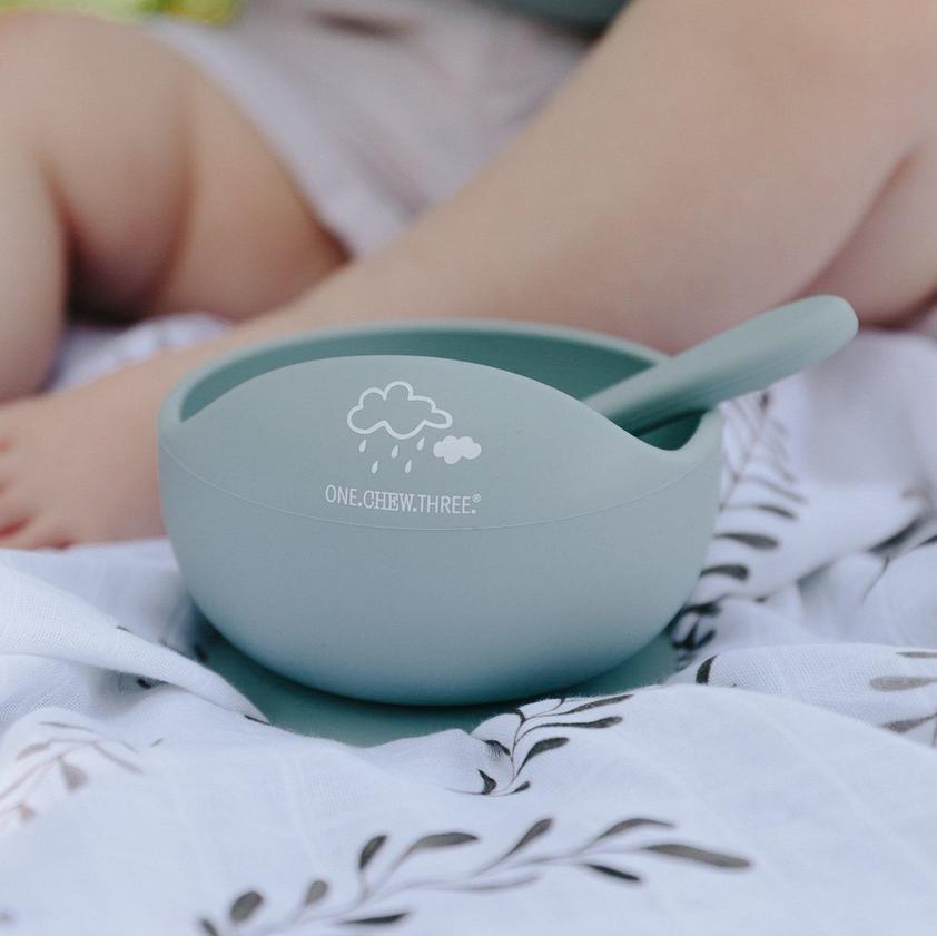 Silicone Scoop Bowl and Spoon Set - Blue Clouds